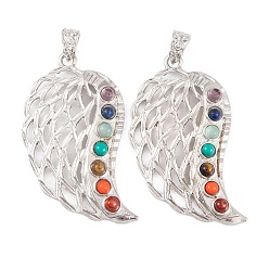 Платина Большие подвески из натурального тигрового глаза с чакрой, натурального лазурита, натурального сердолика, синтетической бирюзы и стекла, подвески в виде крыльев из сплава с покрытием стойки, долговечный, без свинца и без кадмия, платина, 57.5x32x6 мм, отверстие : 6x4 мм