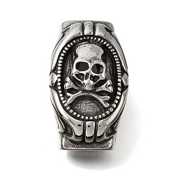 Skull Хэллоуин 304 Подвески-слайды из нержавеющей стали, для изготовления кожаных браслетов, прямоугольные, античное серебро, череп, 39x22.5x17 мм, отверстие : 13x7 мм