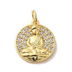 Плоский Круглый Латунные микропаве прозрачные подвески с фианитом, с прыжковых колец, реальный 14 k позолоченный, плоско-круглые, 16x14x2.5 мм, отверстие : 3.5 мм