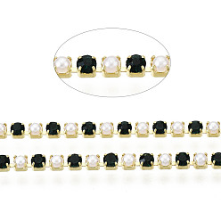 Emerald Brass Rhinestone Strass Chains, with ABS Plastic Imitation Pearl, Rhinestone Cup Chain, Grade A, Raw(Unplated), Emerald, 2x2mm, 4000pcs rhinestone/bundle, about 32.8 Feet(10m)/bundle