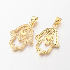 Золотой Латунные микро проложить кубического циркония подвески, hamsa рука / рука fatima / рука miriam, без свинца и без никеля , золотые, 24x17x2 мм, отверстие : 4x3 мм