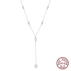 Real Platinum Plated 925 Sterling Silver & Rice Natural Freshwater Pearl Pendant Y Necklaces for Women, White, Rhodium Plated, Real Platinum Plated, 15.94 inch(40.5cm)
