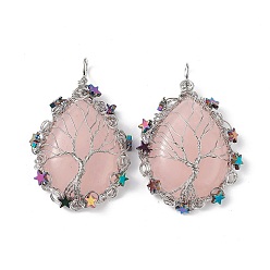 Rose Quartz Natural Rose Quartz Big Pendants, Teardrop Charms, with Rack Plating Platinum Plated Copper Wire Tree and Non-magnetic Hematite Star Beads, Cadmium Free & Lead Free, 63~65x39~43x9~11mm, Hole: 6~6.5x4.5~5mm