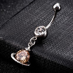 Orange Piercing-Schmuck, umweltfreundlicher Nabelring aus Zirkonoxid aus Messing, Bauchringe, mit 304 Edelstahlleiste, Planet, Platin Farbe, orange, 39x12 mm, Stange: 15 Spurweite(1.5mm), Stangenlänge: 3/8"(10mm)