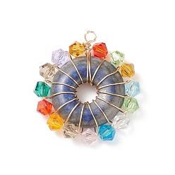 Lapis Lazuli Natural Lapis Lazuli Pendants, Donut/Pi Disc Charm, with Colorful Glass Beads and Real 18K Gold Plated Copper Wire Wrapped, 28x25x5mm, Hole: 3mm