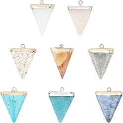 Mixed Stone Electroplate Natural & Synthetic Mixed Gemstones Pendants, Top Plated, with Iron Loops, Triangle, 30~34x23x5~5.5mm, Hole: 1.6mm, 8materials, 1pc/material, 8pcs/box
