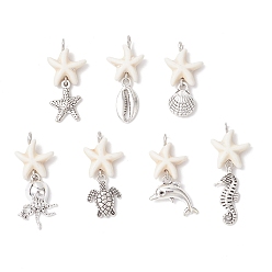 Белый 7 шт. 7 стили подвески из натурального хаулита в виде морской звезды и сплава морских животных, морские подвески с петлями из медной проволоки, античное серебро, белые, 27~37x14~18x5 мм, отверстие : 2.5 мм, 1 шт / стиль