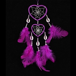 Фуксин Паутина/сетка, сотканная в форме сердца, с настенными подвесными украшениями из перьев, с железным кольцом, для украшения домашней спальни, фуксиново-красные, 350~400 мм