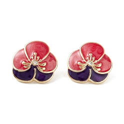 Red Flower Enamel Stud Earrings, Brass Jewelry for Women, Light Gold, Red, 21x22mm, Pin: 0.7mm