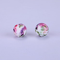 Pink Printed Round with Flower Pattern Silicone Focal Beads, Pink, 15x15mm, Hole: 2mm