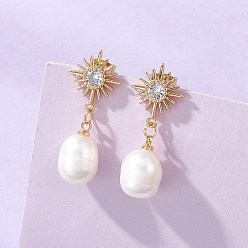Золотой Серьги-гвоздики с подвесками из натурального культивированного пресноводного жемчуга., с фурнитурой для сережек из латуни и нержавеющей стали, золотые, 304 мм
