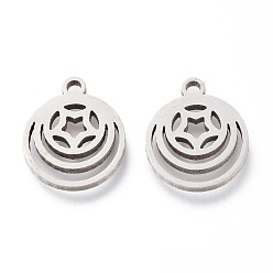 Нержавеющая Сталь Цвет Не тускнеющие 304 подвески из нержавеющей стали, лазерная резка, плоские круглые со звездой, цвет нержавеющей стали, 12x10x1 мм, отверстие : 1.2 мм