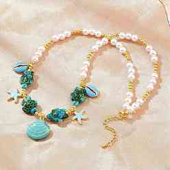 Turquoise Ocean Brass Enamel Starfish Shell Shape Pendant Round ABS Imitation Pearl Beaded Necklaces, Rack Plating, Long-Lasting Plated, Cadmium Free & Lead Free, Real 18K Gold Plated, Turquoise, 17.09 inch(43.4cm)