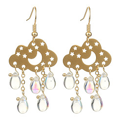 Glass Серьги из прозрачного стекла, с 201 звеньями компонентов люстры из нержавеющей стали, облако с луной и звездой, 54x25 мм