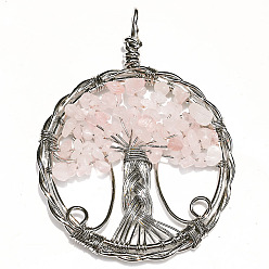Розовый Кварц Естественно розового кварца большие кулоны, медная проволока, обернутая в плоском виде, с подвесками в виде деревьев, 50 мм