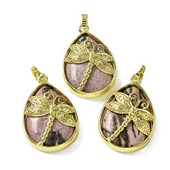 Родонит Природные подвески родонит, с фурнитурой латунной золотого тона, без свинца и без кадмия, слезинка с подвесками в виде стрекоз, 40~40.5x26~26.5x8.5~9.5 мм, отверстие : 7~8x4.5~5 мм