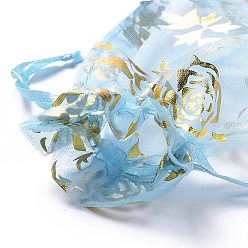 Light Sky Blue Organza Drawstring Jewelry Pouches, Wedding Party Gift Bags, Rectangle with Gold Stamping Rose Pattern, Light Sky Blue, 15x10x0.11cm