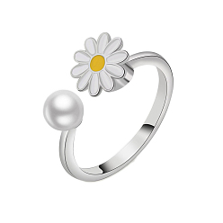 White Daisy Rotatable Cuff Ring for Calming Worry Meditation, Brass Enamel Fidget Spinner Open Ring, Platinum, White, 9mm, Inner Diameter: 18mm