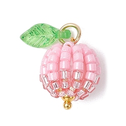 Pink Подвески из стеклянных бусин в виде ягод и фруктов, с латунной петлей, акриловыми подвесками и круглой бусиной из перламутрового стекла, розовые, 14.5x12.5 мм, отверстие : 3.5 мм