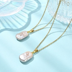 Golden Natural Baroque Keshi Pearl Rectangle Pendant 304 Stainless Steel Cable Chain Necklaces for Women, White, Golden, 17.72 inch(45cm)