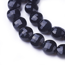 Black Onyx Natural Black Onyx Beads Strands, Dyed & Heated, Faceted, Flat Round, 8x5.5~6mm, Hole: 1mm, about 48pcs/strand, 15 inch(38.3cm)