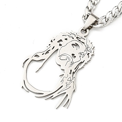 Stainless Steel Color Non-Tarnish 304 Stainless Steel Pendant Necklaces, Curb Chain, Jesus, Stainless Steel Color, 23.74 inch(60.3cm)