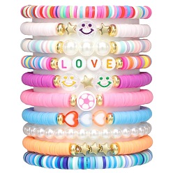 (52) Непрозрачная лаванда 10шт. браслеты с улыбающимся лицом из сплава и полимерной глины heishi и ccb из пластика и акрила с бусинами для женщин и дружбы, разноцветные, 6-3/4 дюйм (17 см)