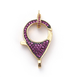 Золотой Латунные микро проложить кубического циркония когтя омара застежками, с поручнями/трубчатыми поручнями, фуксиново-красные, золотые, застежка : 27x17x5 mm, отверстие : 3 мм, трубчатые поручни: 10x8x2мм, отверстие : 1 мм