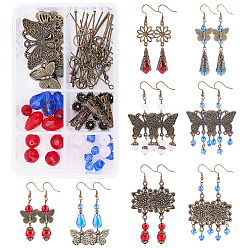 Antique Bronze 168pcs Butterfly Dangle Earring Making Kits, Including Alloy Pendants & Links & Beads, Glass Beads, Brass Earring Hooks, Alloy Jump Rings, Iron Pins, Antique Bronze
