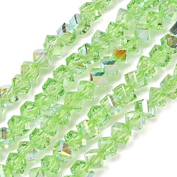 Lawn Green Electroplate Transparent Glass Beads Strands, Cube, Faceted, AB Color Plated, Lawn Green, 3.5x4.5x4mm, Hole: 1.1mm, about 99pcs/strand, 13.46''(34.2cm)