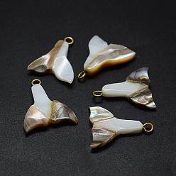Golden Shell Pendants, with Brass Findings, Fish Tail Shaped, Golden, 22~23x17~19x3~5mm, Hole: 2mm