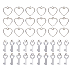 Platinum 300Pcs 2 Style CCB Plastic Charms, Heart & Heart Key, Platinum, 20~22x9~20x2.5~3mm, Hole: 1.5mm, 150pcs/style