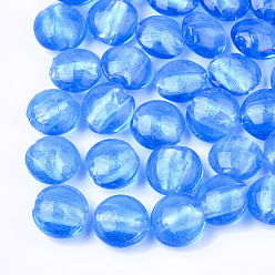 Deep Sky Blue Handmade Silver Foil Lampwork Glass Beads, Flat Round, Deep Sky Blue, 12~13.5x11.5~13.5x7.5~8.5mm, Hole: 1~2mm