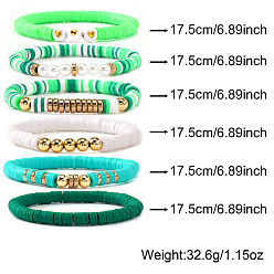 Зеленый 6 Браслеты из полимерной глины в виде бусин хейши ко Дню Святого Патрика, эластичные, для женщин, с искусственным жемчугом и латунью, разноцветные, 6.89 дюйм (17.5 см)
