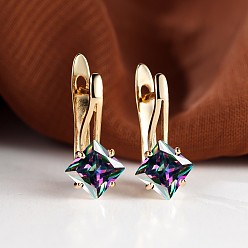 Разноцветный Серьги-кольца с ромбами из латуни и микропаве из кубического циркония, золотые, красочный, 17x13 мм