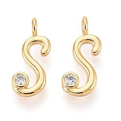 Letter S Латунные микро проложить кубического циркония прелести, долговечный, без никеля , реальный 18 k позолоченный, буквы, Письмо с, 13.5x5.5x3.5 мм, отверстие : 1.8 мм