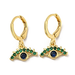 Green Golden Brass Dangle Leverback Earrings, with Glass, Evil Eye, Green, 21.5x13mm