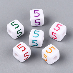 Number Непрозрачные акриловые европейские большие бусины, куб с числа 5, с эмалью, число, 9.5~10x9.5~10x9.5~10 мм, отверстие : 4 мм