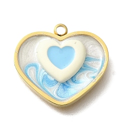 Bleu Ciel Clair Laiton émail pendentifs, charmes de coeur, réel 18 k plaqué or, lumière bleu ciel, 14.5x16x3mm, Trou: 1.5mm