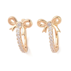 Golden Brass with Clear Cubic Zirconia Hoop Earring, Bowknot, Golden, 15x10x13.5mm