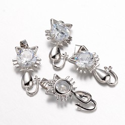Platinum Brass Micro Pave Cubic Zirconia Kitten Pendants, Cat with Bowknot Shape, Platinum, 20x11x5mm, Hole: 4x5mm
