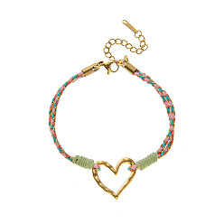 Сердце 304 браслеты из нержавеющей стали и хлопкового шнура, реальный 18 k позолоченный, сердце, 6.30 дюйм (16 см)