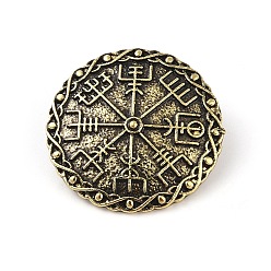 Antique Bronze Tibetan Style Alloy Brooches, Viking Runes Compass Coin, Antique Bronze, 34x34x3.5mm