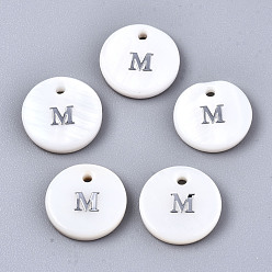 Letter M Natural Freshwater Shell Pendants, with Platinum Plated Iron Etched Metal Embellishments, Flat Round with Initial Letter, White, Letter.M, 11x2mm, Hole: 1.5mm