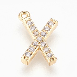 Letter X Подвески из латунной буквы, с кубического циркония, без свинца, без кадмии и без никеля, долговечный, золотые, letter.x, 15x10x2 мм, отверстие : 1.2 мм