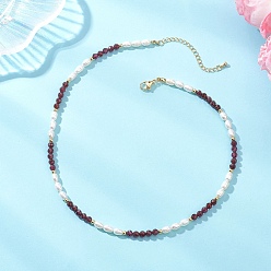 Гранат Ожерелья из натуральных граненых круглых гранатов и рисового жемчуга для женщин, с латунными концевыми цепями, золотые, 15.55 дюйм (39.5 см)