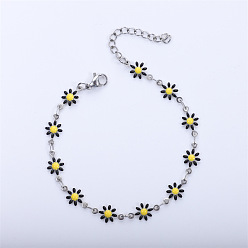 Черный Браслеты-цепочки из сплава ромашки с эмалью для женщин, платина, чёрные, 6-3/4 дюйм (17 см)