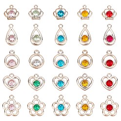 Mixed Color 100Pcs 5 Style UV Plating ABS Plastic Pendants, with Acrylic Rhinestone, Faceted, Heart & Flower & Flat Round & Teardrop & Crown, Mixed Color, 19~30x16~24.5x7mm, Hole: 2~3mm, 5 style, 20pcs/style, 100pcs