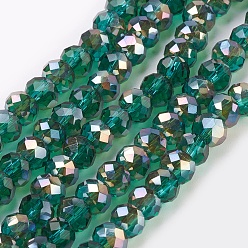 Зеленый Стеклянные бусины с гальваническим покрытием , Opalite, с половиным покрытием цвета радуги, граненые, рондель, зелёные, 6x4~5 мм, отверстие : 0.8~1 мм, о 88~92pcspcs / прядь, 15.5 дюйм ~ 16 дюйм (39~45 см)