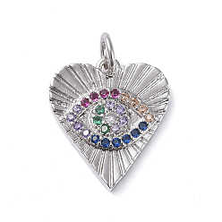 Platinum Brass Micro Pave Cubic Zirconia Pendants, Long-Lasting Plated, Heart with Eye, Colorful, Platinum, 16x14x2mm, Hole: 3.1mm